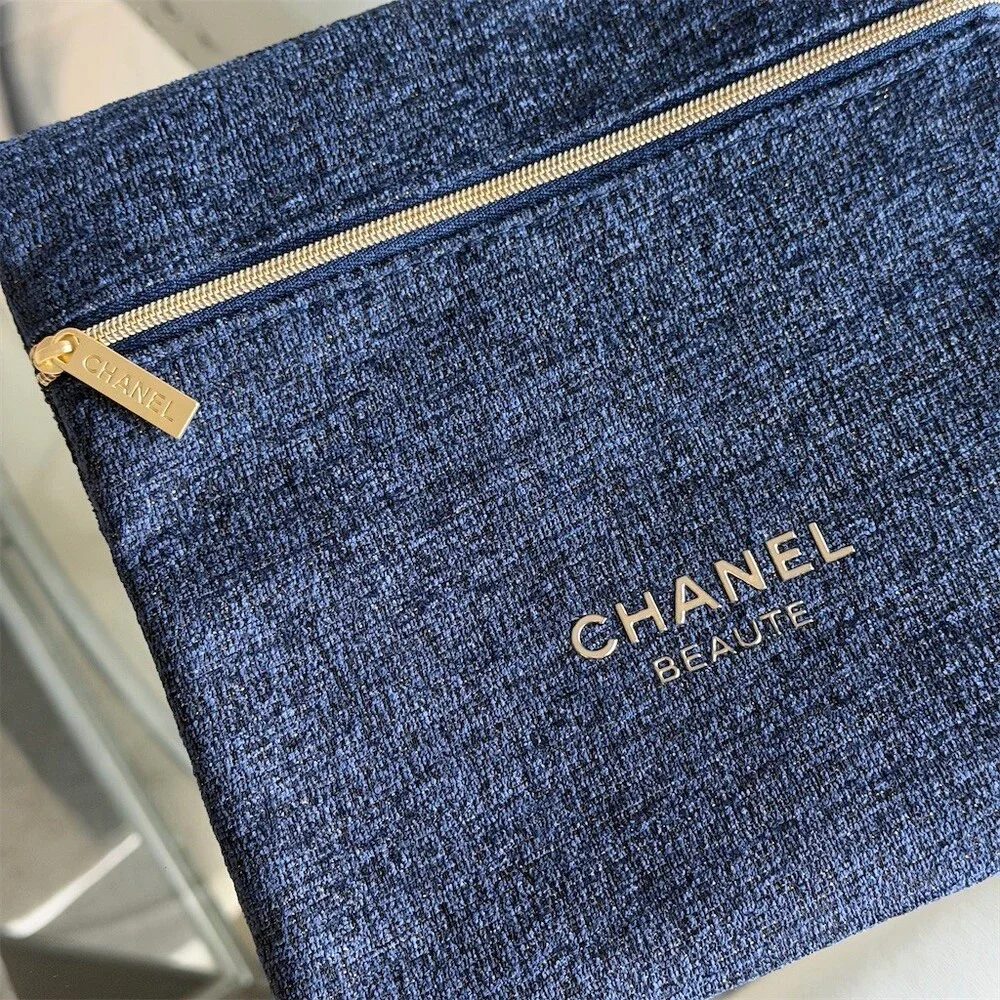 CHANEL Makeup Bag Navy Gold Sparkle Tweed Gold Logo Zip - BNIB